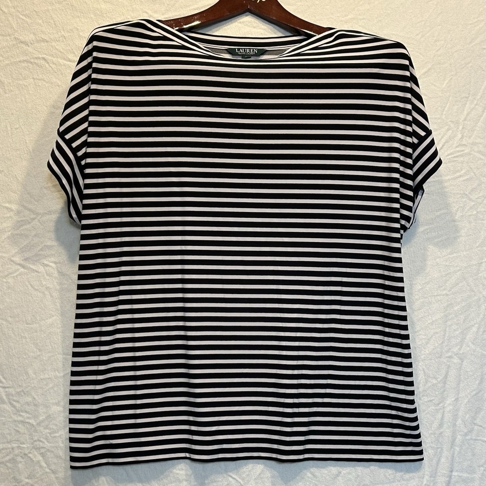 LRL Ralph Lauren Women 1X Short Sleeve Poly Knit Black White Striped Top Stretch - Picture 2 of 4